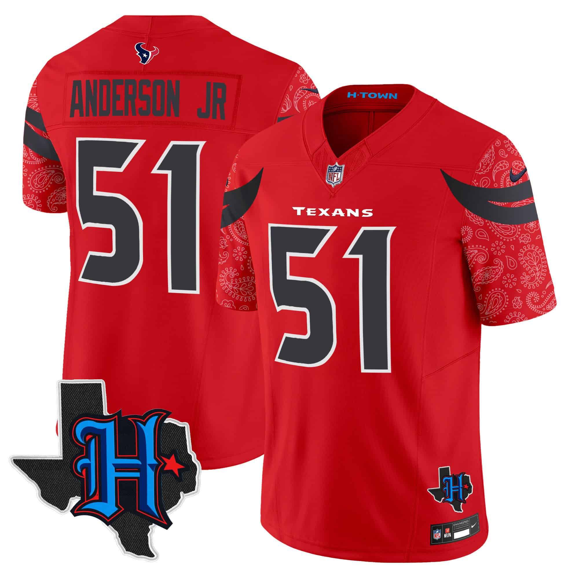 Men Houston Texans #51 Anderson jr Red 2024 Nike Texas Patch Vapor Limited NFL Jersey